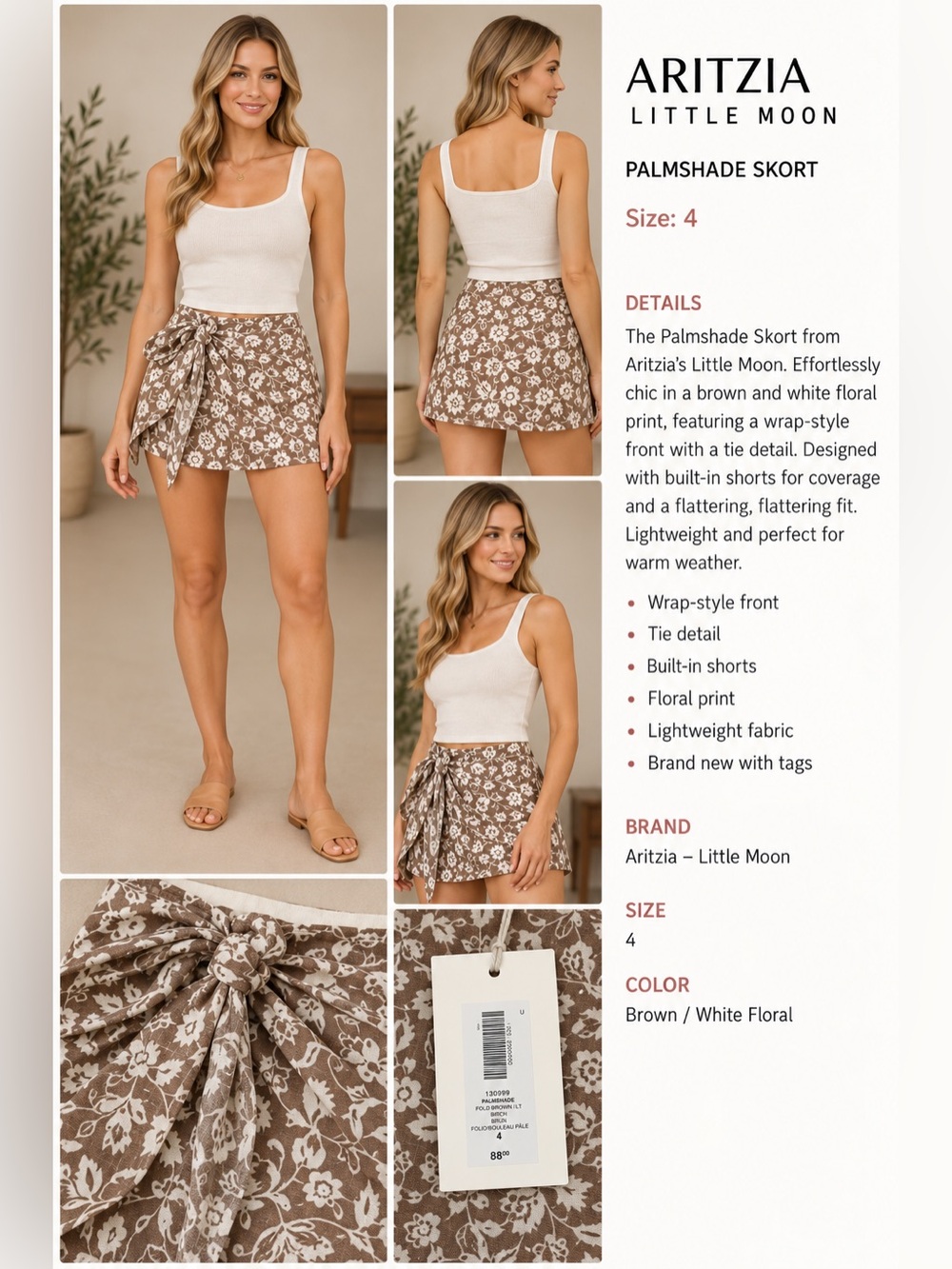 Aritzia Little Moon Brown & White Floral Wrap Skort